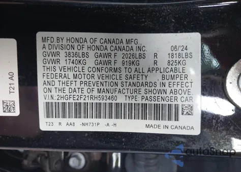 2024 Honda Civic Lx z USA, uszkodzony, nr VIN 2HGFE2F21RH593460